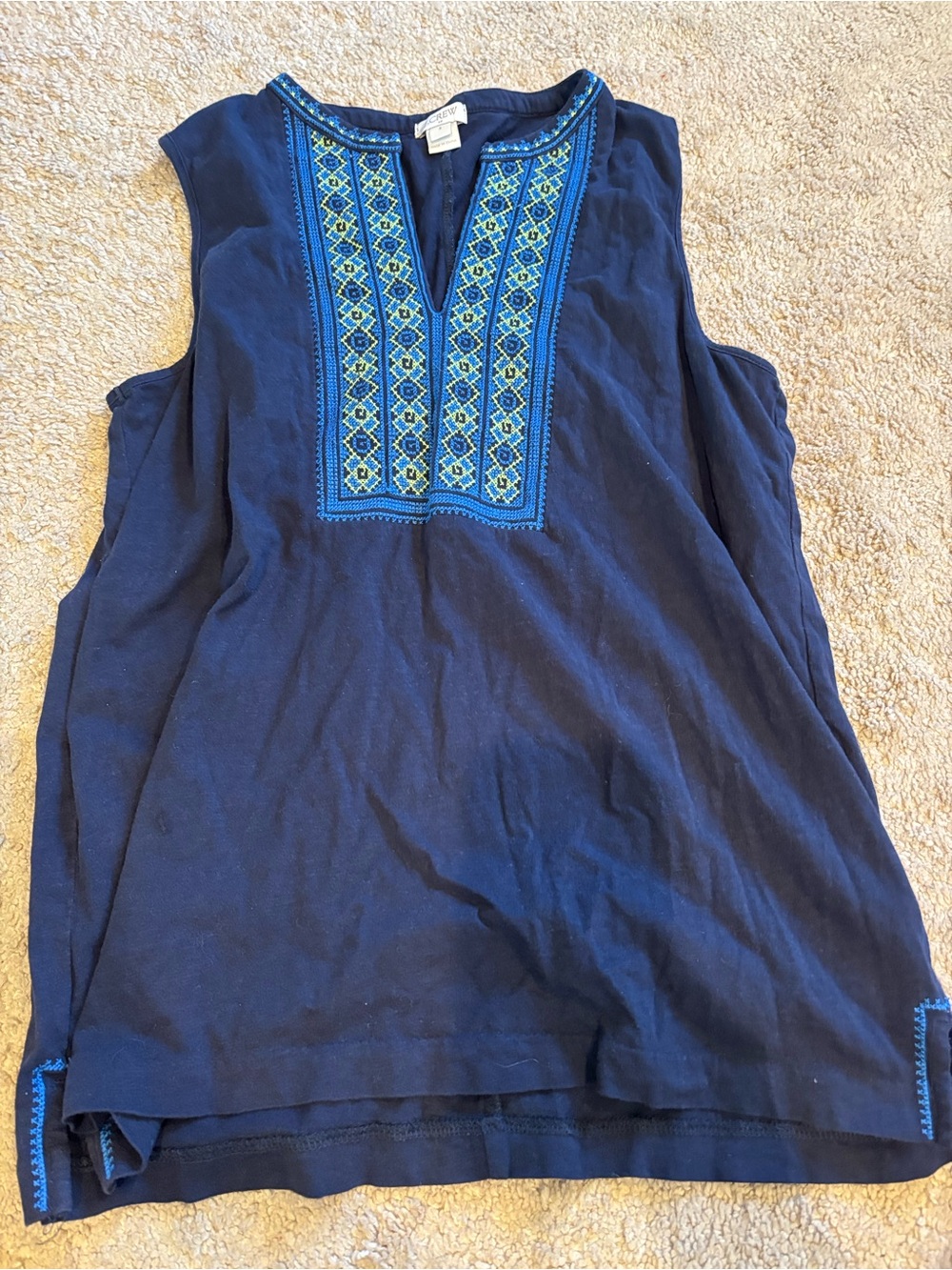 J. Crew Navy Sleeveless Tank with Turquoise and Lime Embroidery